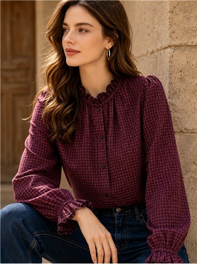 Blusa cuadros cuello fruncido