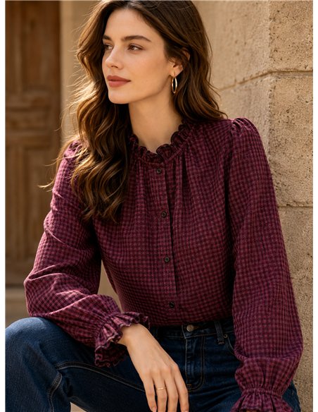 Blusa cuadros cuello fruncido