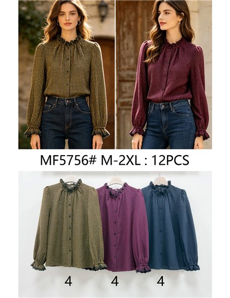 Blusa cuadros cuello fruncido