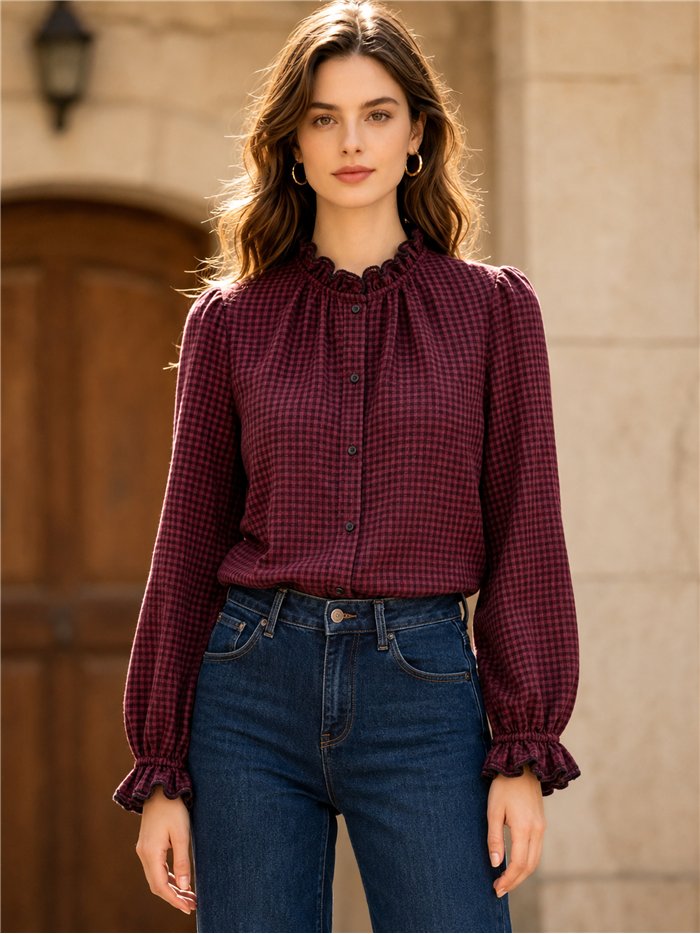 Blusa cuadros cuello fruncido
