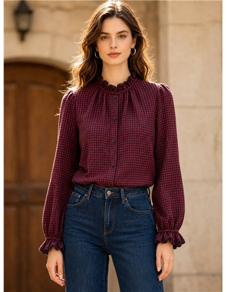 Blusa cuadros cuello fruncido