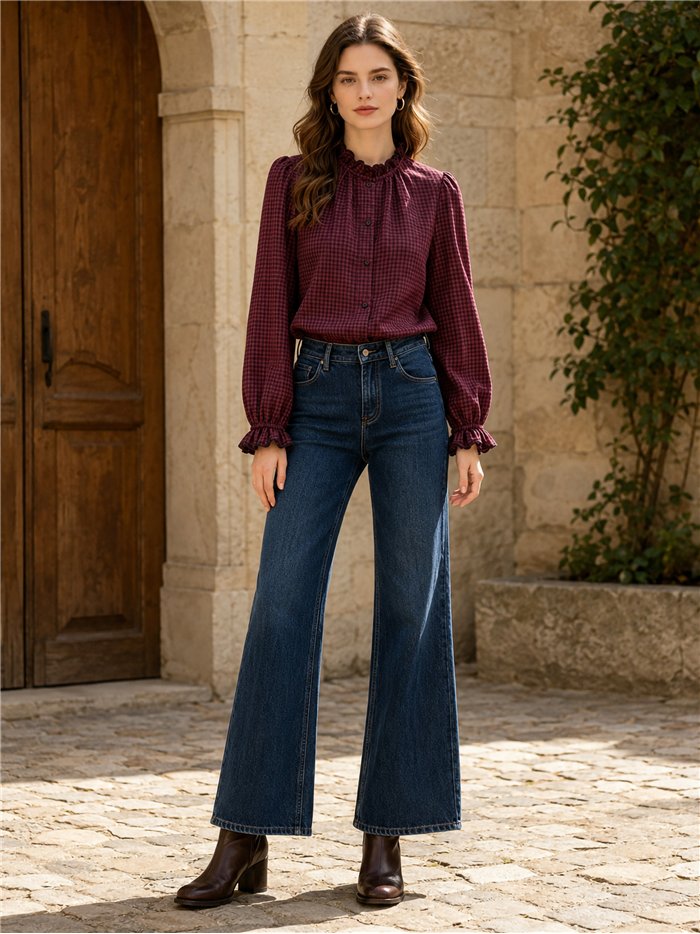 Blusa cuadros cuello fruncido
