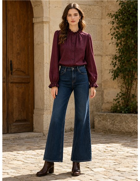Blusa cuadros cuello fruncido