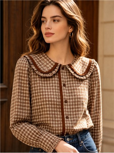 Camisa cuadros cuello bobo puntillas