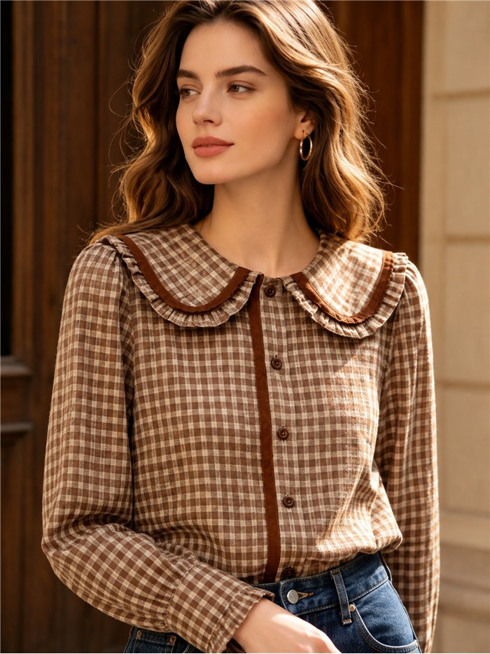 Camisa cuadros cuello bobo puntillas