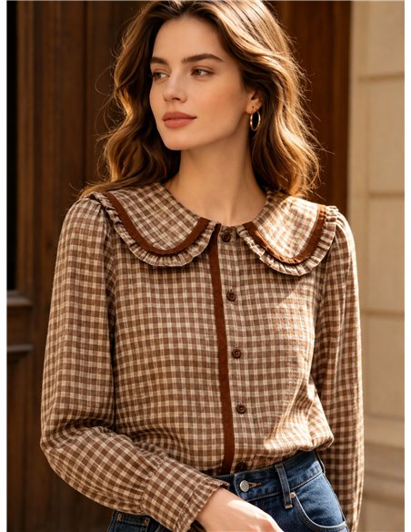 Camisa cuadros cuello bobo puntillas