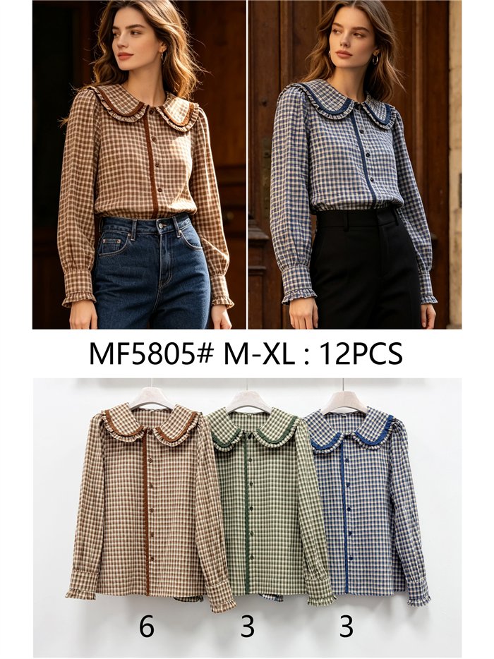 Camisa cuadros cuello bobo puntillas