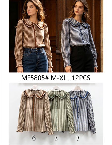 Camisa cuadros cuello bobo puntillas