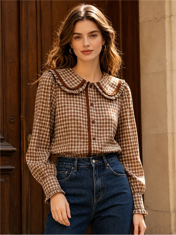 Camisa cuadros cuello bobo puntillas