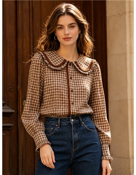 Camisa cuadros cuello bobo puntillas