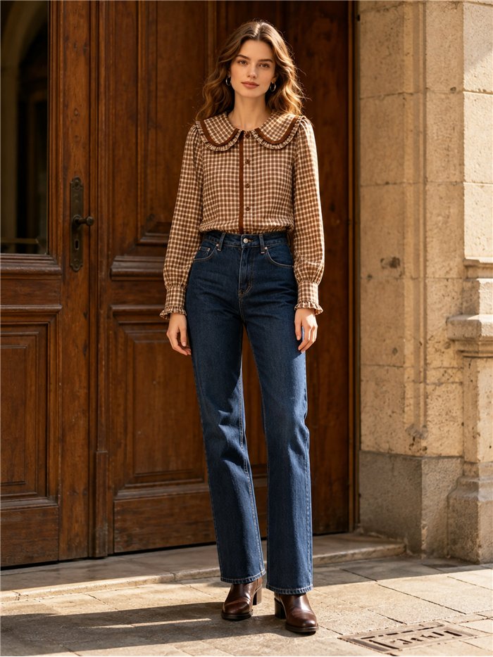 Camisa cuadros cuello bobo puntillas