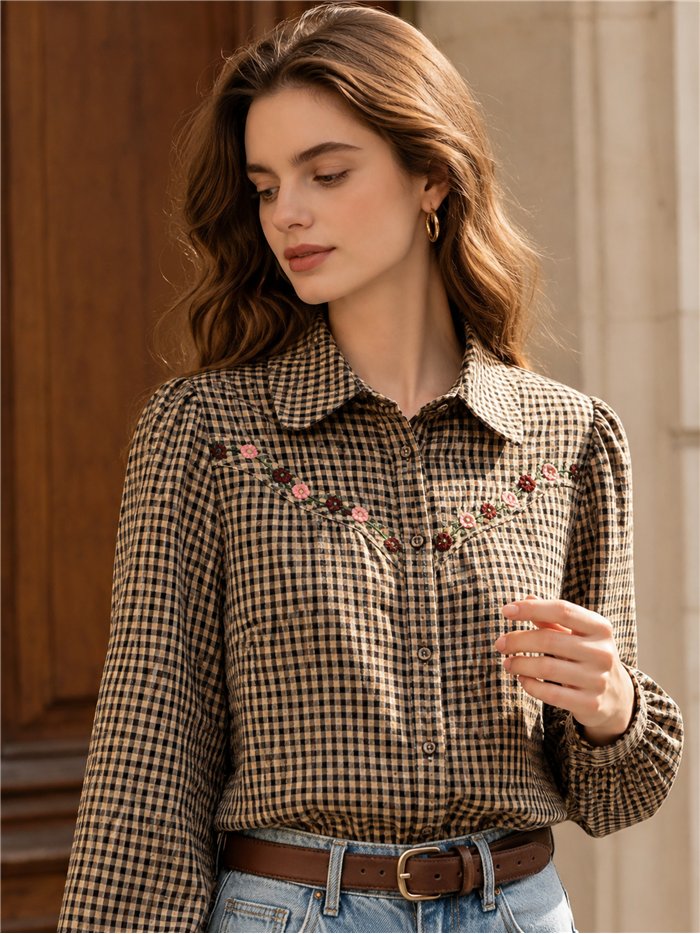 Camisa cuadros bordado floral