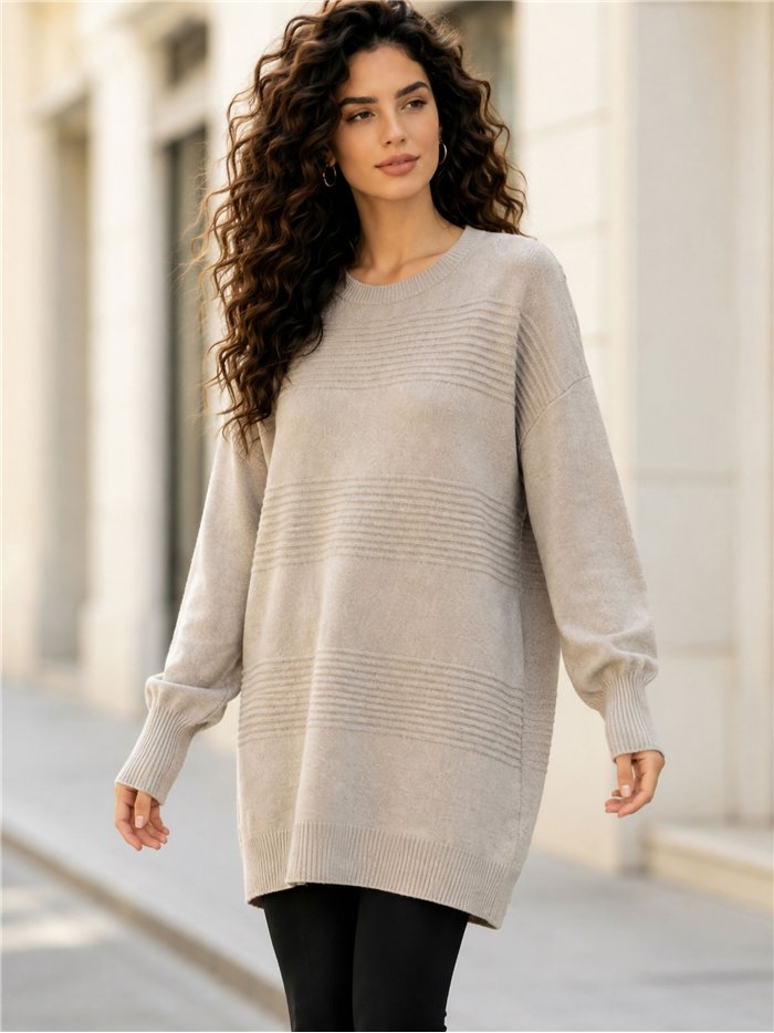 Langer Pullover mit geprägten Streifen