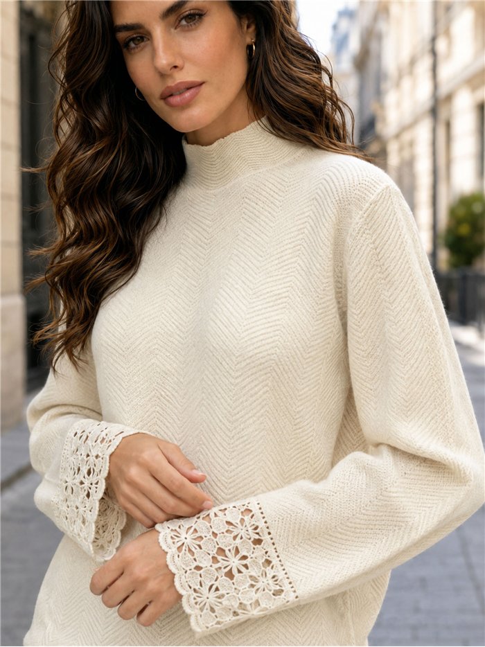 Jersey cuello alto puños encaje
