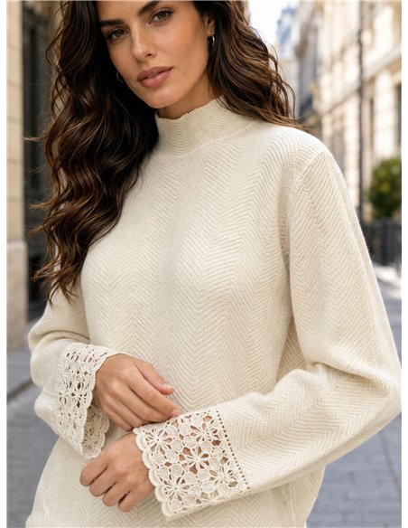 Jersey cuello alto puños encaje
