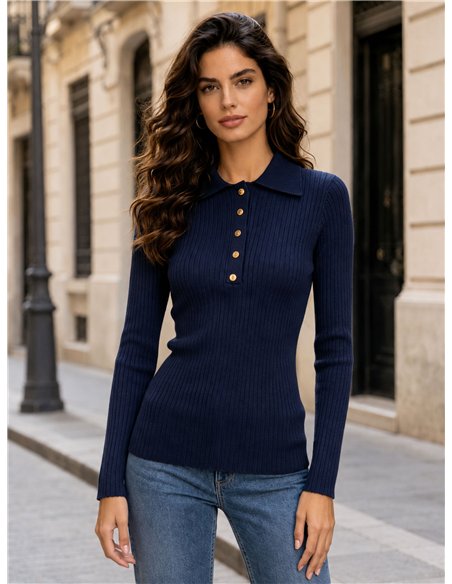 Jersey cuello polo canalé botones dorados