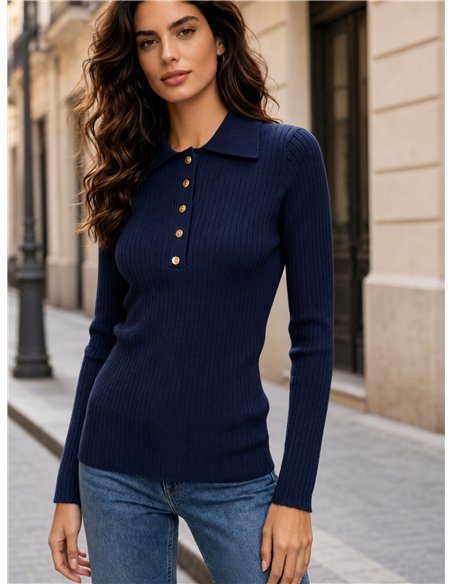 Jersey cuello polo canalé botones dorados