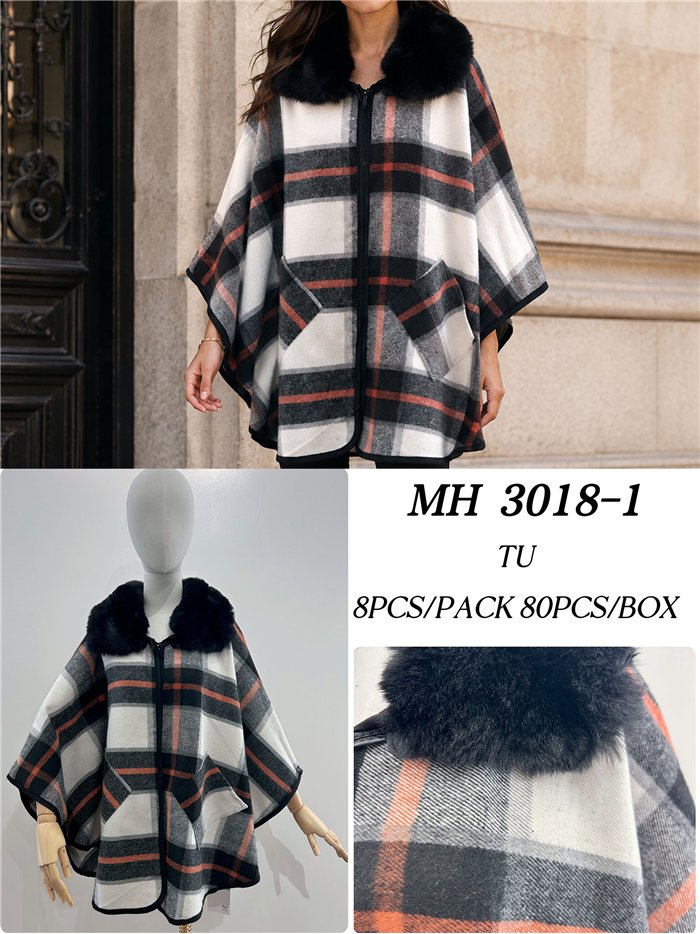 Poncho cuadros cuello pelo