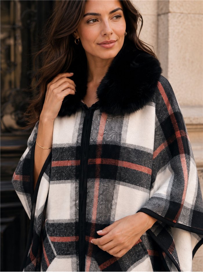 Poncho cuadros cuello pelo