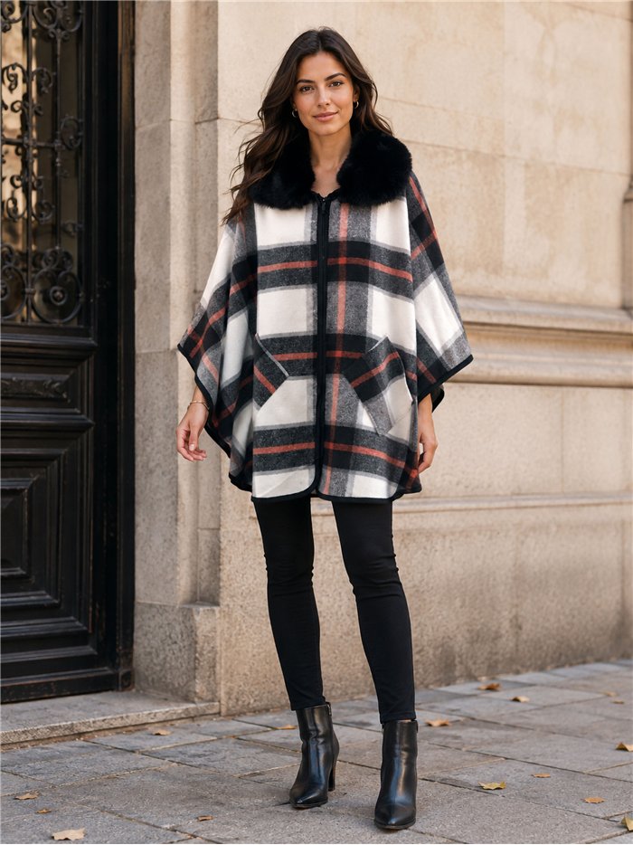 Poncho cuadros cuello pelo