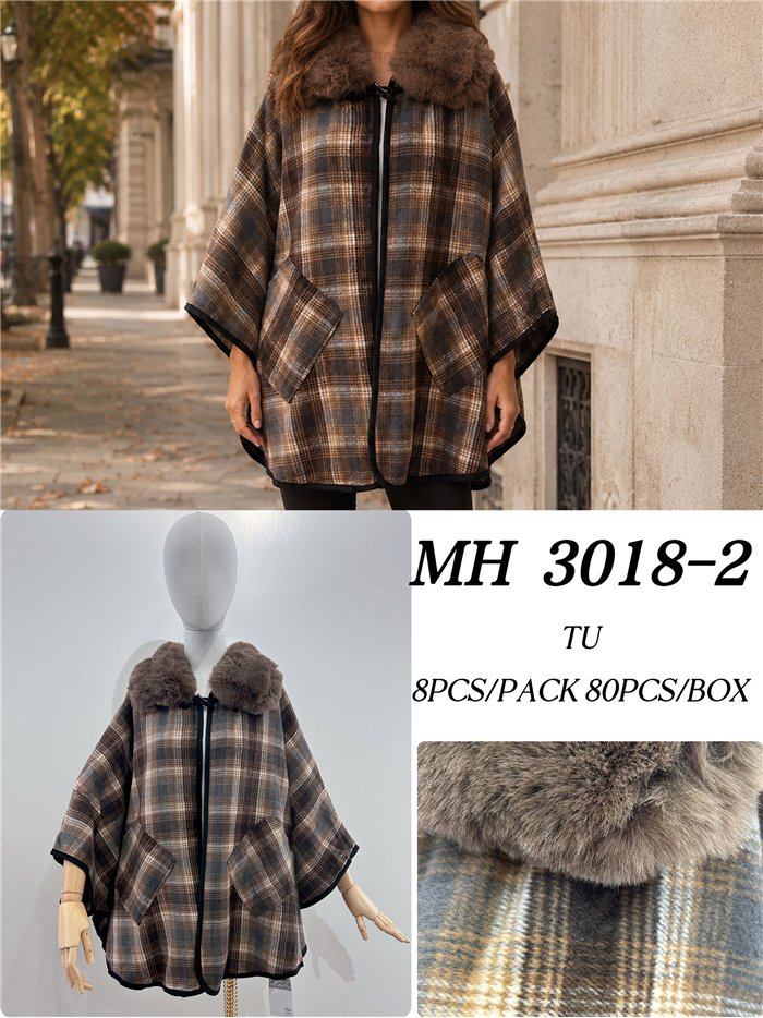 Poncho cuadros cálidos cuello pelo