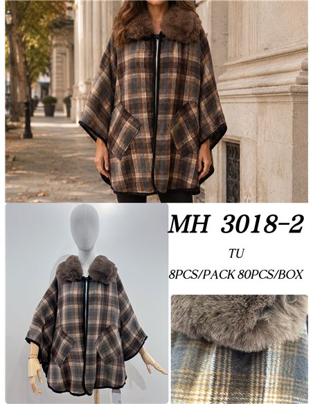 Poncho cuadros cálidos cuello pelo