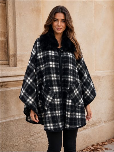Poncho cuadros bicolor cuello pelo