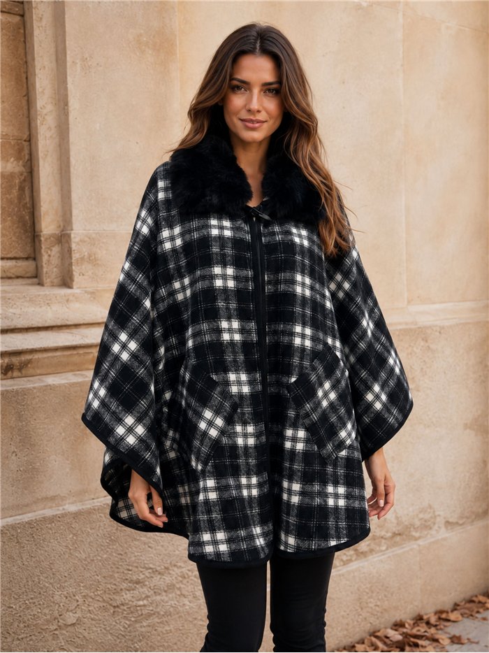 Poncho cuadros bicolor cuello pelo