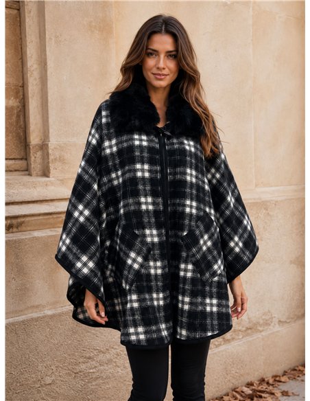 Poncho cuadros bicolor cuello pelo