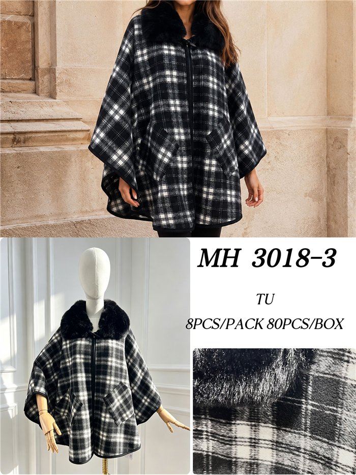 Poncho cuadros bicolor cuello pelo