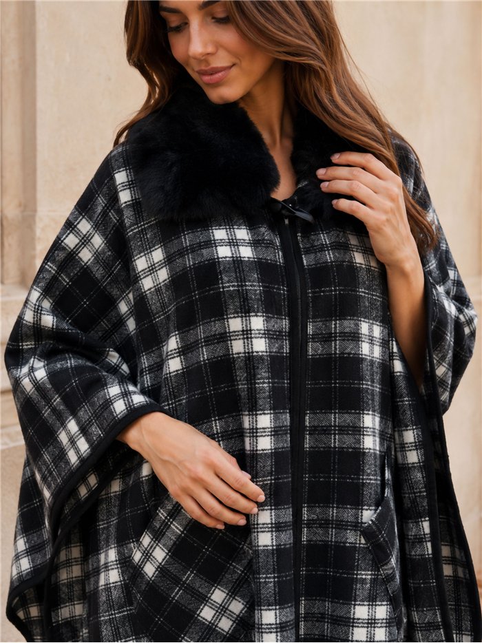 Poncho cuadros bicolor cuello pelo