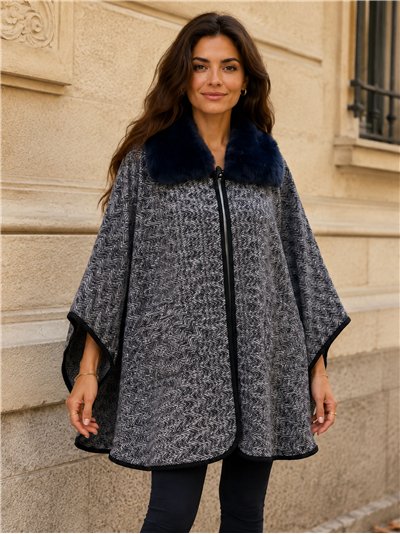 Poncho espiga azul oscuro cuello pelo