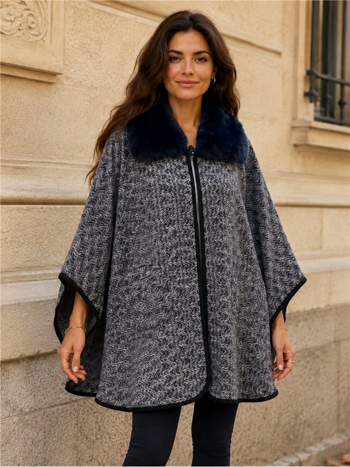 Poncho espiga azul oscuro cuello pelo