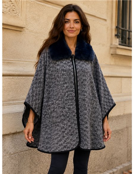 Poncho espiga azul oscuro cuello pelo