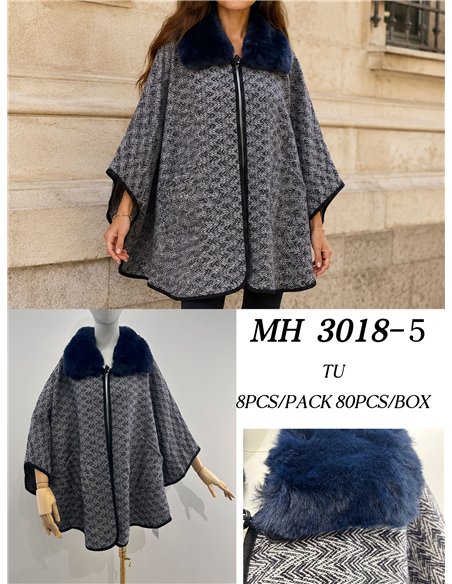 Poncho espiga azul oscuro cuello pelo