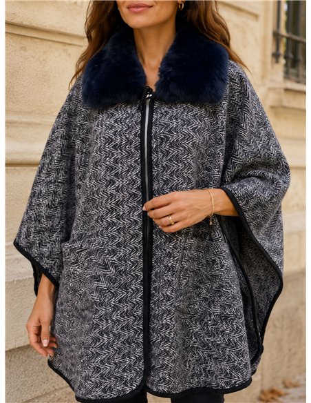 Poncho espiga azul oscuro cuello pelo