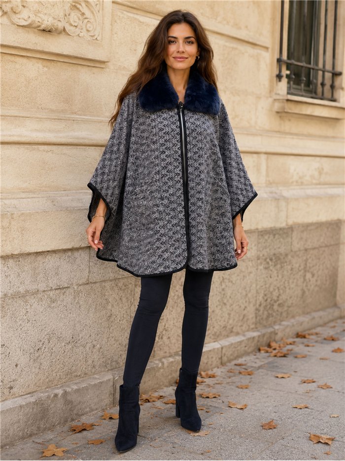 Poncho espiga azul oscuro cuello pelo