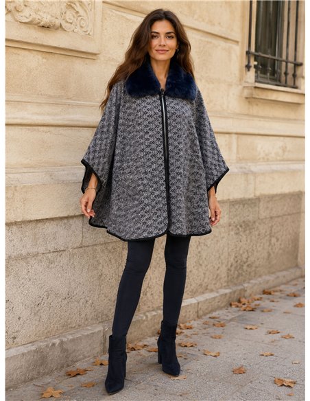 Poncho espiga azul oscuro cuello pelo