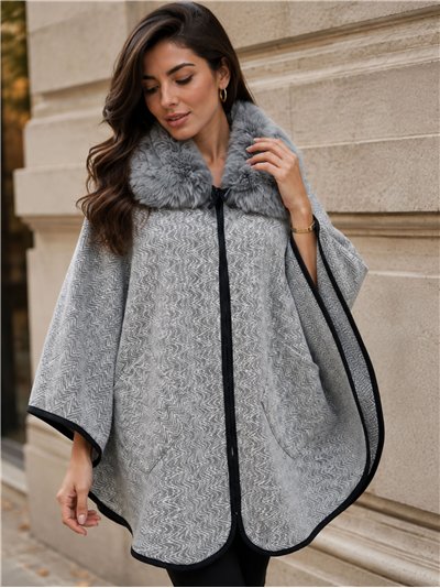 Poncho espiga gris cuello pelo