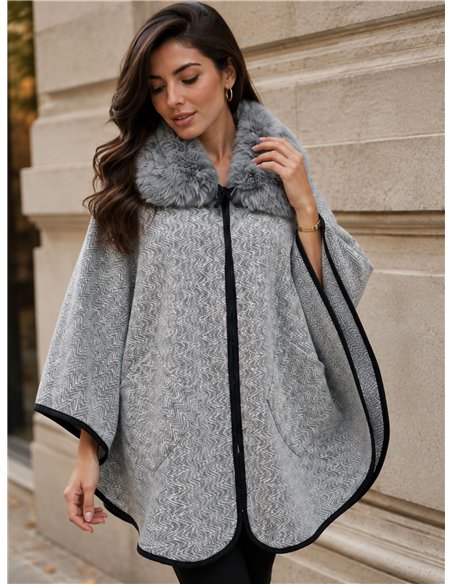 Poncho espiga gris cuello pelo