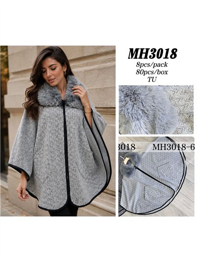 Poncho espiga gris cuello pelo 2