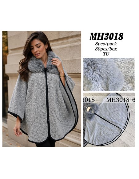 Poncho espiga gris cuello pelo