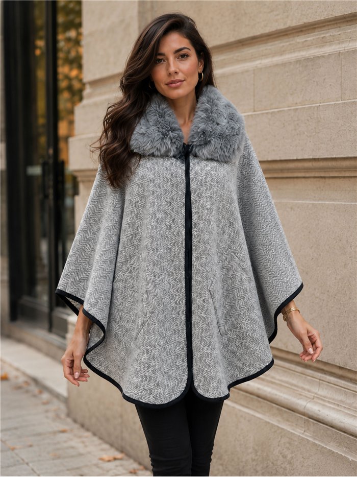 Poncho espiga gris cuello pelo