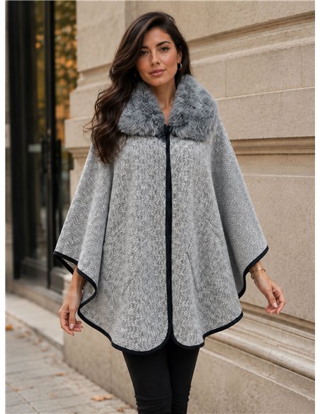 Poncho espiga gris cuello pelo