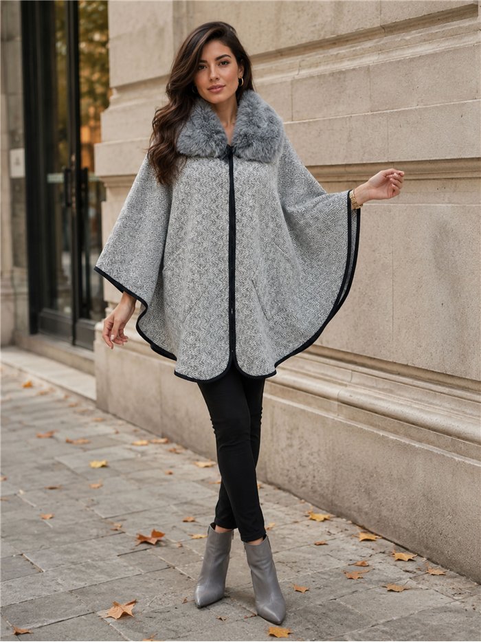 Poncho espiga gris cuello pelo