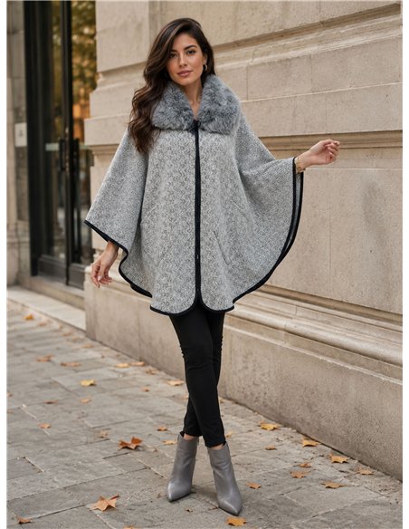 Poncho espiga gris cuello pelo
