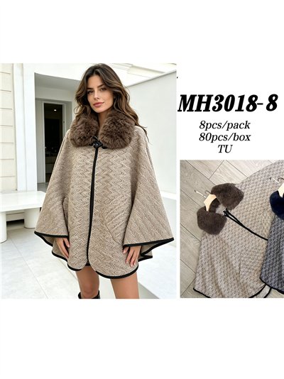 Poncho espiga beige cuello pelo 2