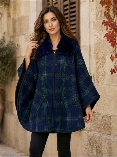 Poncho cuadros azul verde cuello pelo