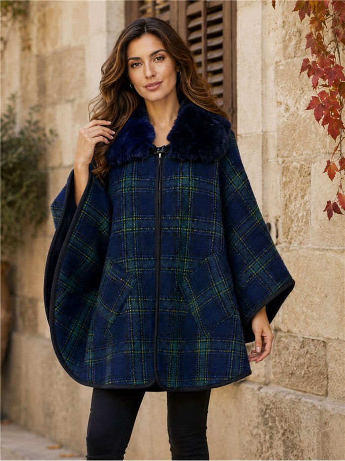 Poncho cuadros azul verde cuello pelo