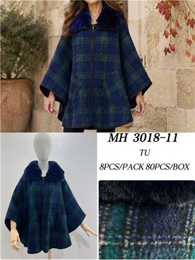 Poncho cuadros azul verde cuello pelo 2